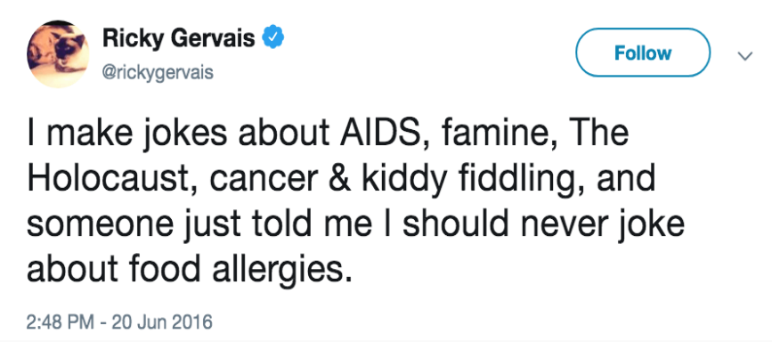 Ricky Gervais food allergy tweet
